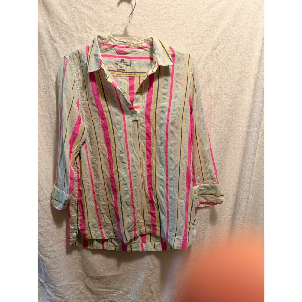 Vineyard Vines Womens Pink Blue Yellow Striped Cotton Popover Shirt Medium M